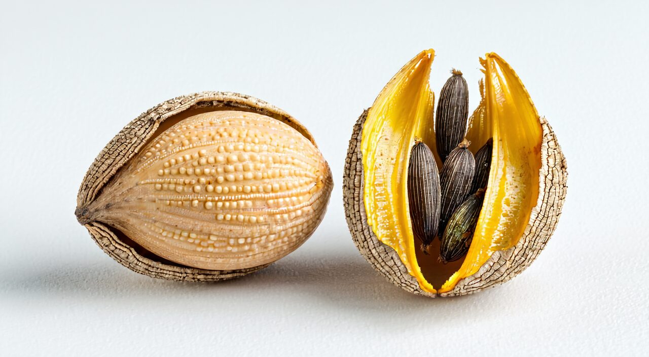 Forsythia fruit ovate shape, tubercles, and dehiscent two-valved capsule with winged seeds details