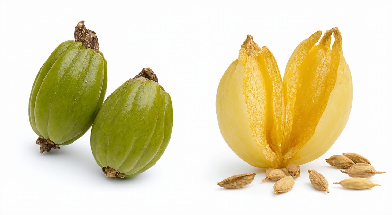 Comparison of green unripe forsythia unopened greenish-brown and ripe forsythia opened yellowish-brown appearance
