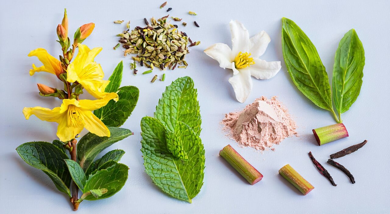 Still life image of commonly used herbs in Liang Ge San, including Forsythia, Gardenia, Scutellaria, Peppermint, Rhubarb, and Mirabilite