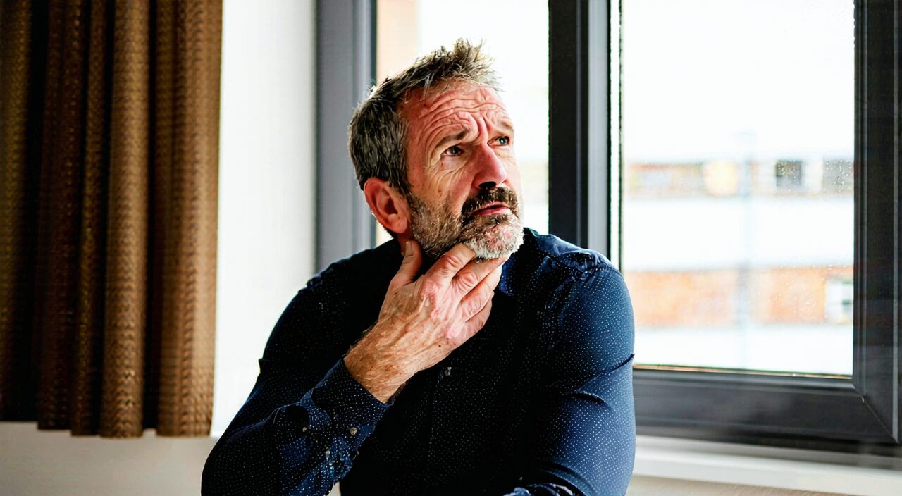 An adult holding their throat with a look of discomfort, slightly flushed cheeks, showing common symptoms possibly associated with excess heat in the upper and middle jiao