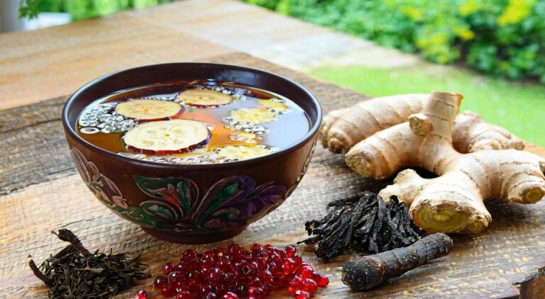 一碗温热的苓甘五味姜辛汤，旁边散落着茯苓、甘草、干姜、细辛和五味子药材，在柔和自然光下呈现专业中医氛围。