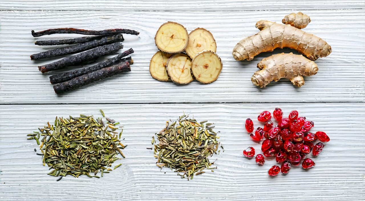Five herbs arranged on a light wooden table: Poria, Licorice, Dried Ginger, Asarum, and Schisandra. Clean, professional composition to help readers identify the ingredients of Ling Gan Wu Wei Jiang Xin Tang.