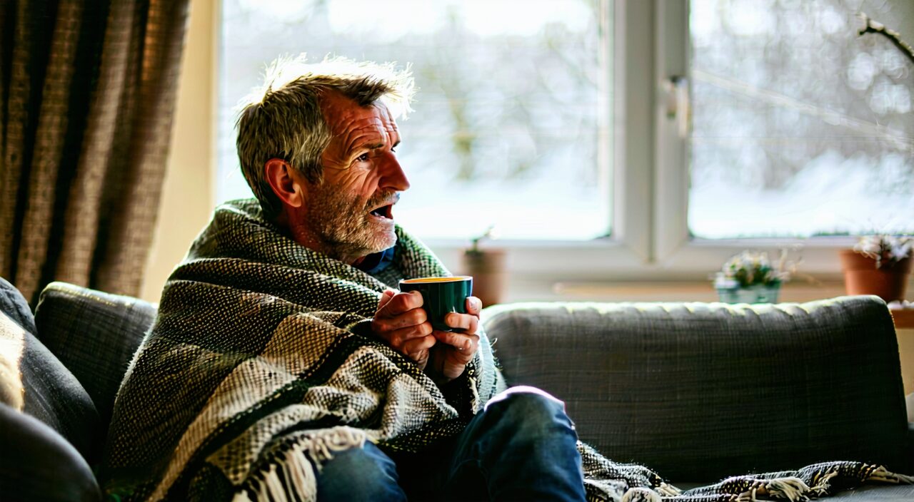 A middle-aged person indoors in winter wrapped in a blanket, holding a warm cup, with a slight cough, reflecting the cold-phlegm cough features of aversion to cold and worsening upon cold exposure.