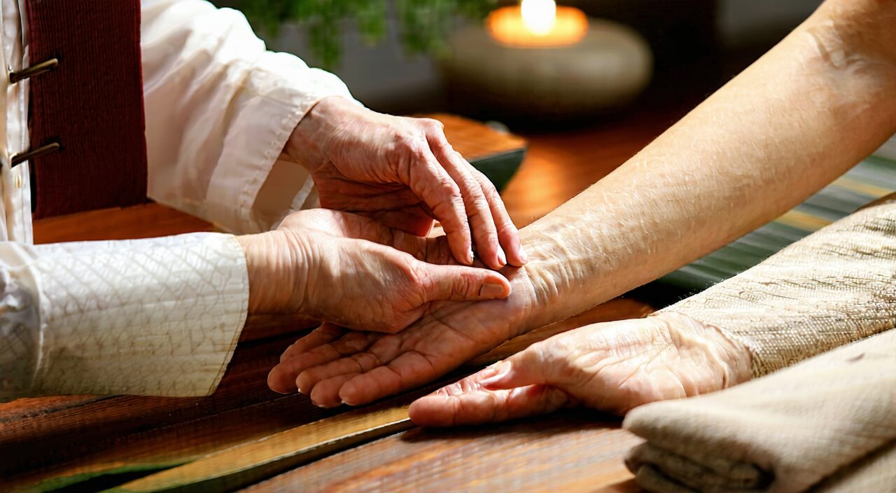 A Chinese medicine practitioner taking the pulse, emphasizing that Ling Gui Zhu Gan Tang should be used under professional guidance