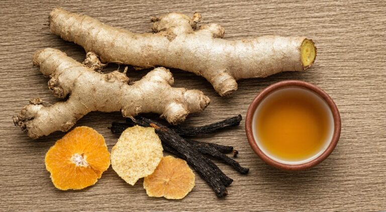 A still life of the classic herbal combination for Six Gentlemen Decoction in natural light
