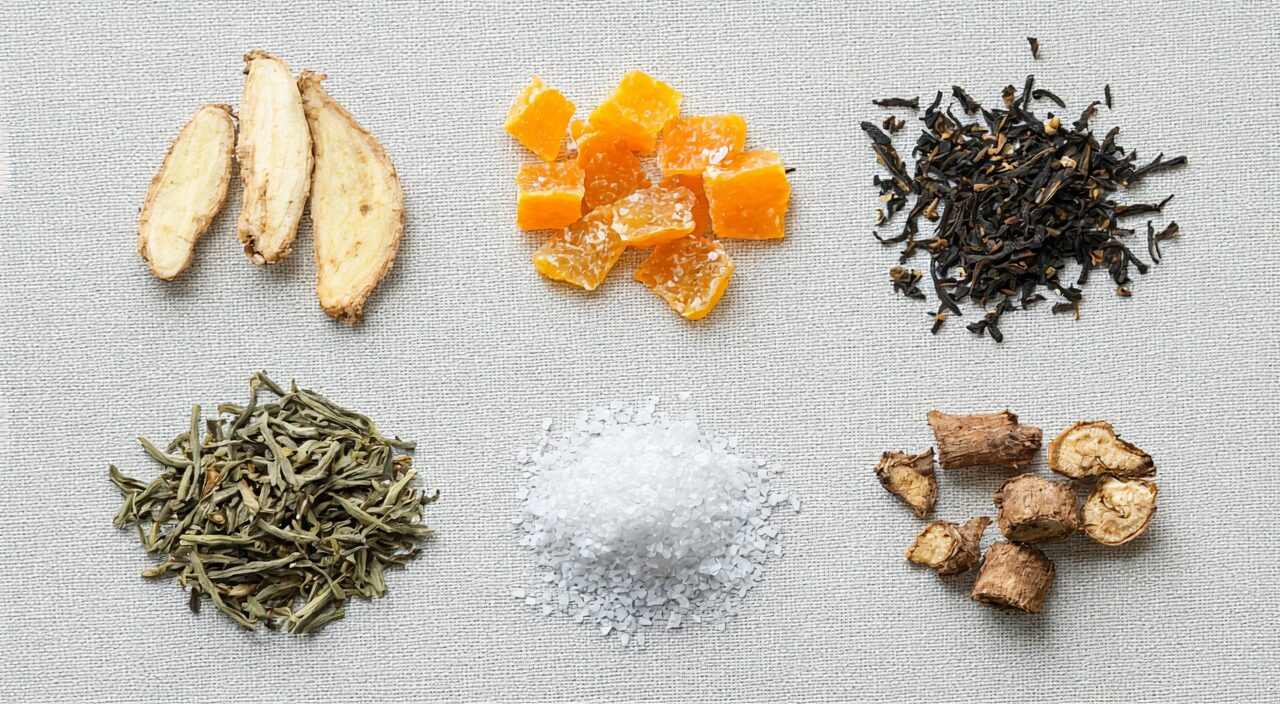 Overhead shot of the six herbs in Liu Jun Zi Tang
