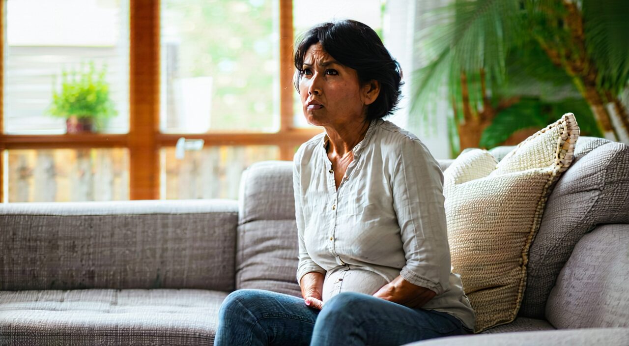 A natural lifestyle photo of a woman experiencing mild abdominal distension and discomfort