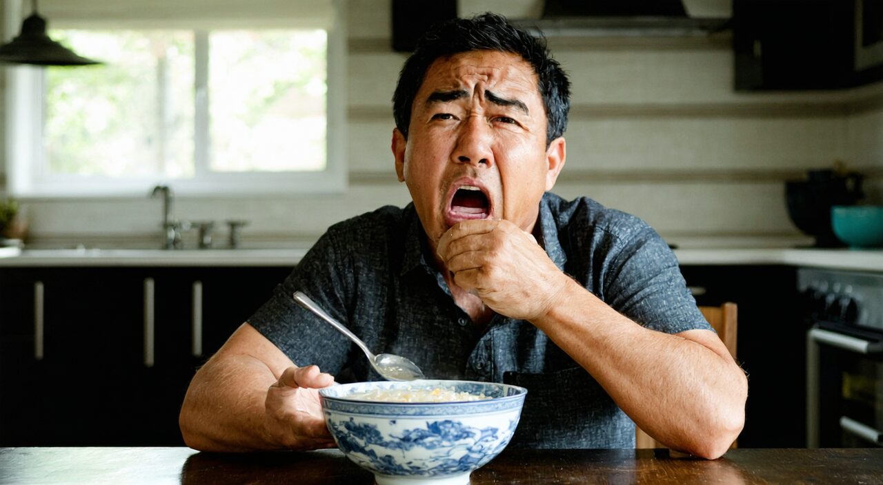 Natural scene photo of a man with poor appetite and throat discomfort