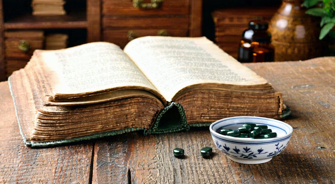 Ancient medical book next to Liuwei Dihuang Wan