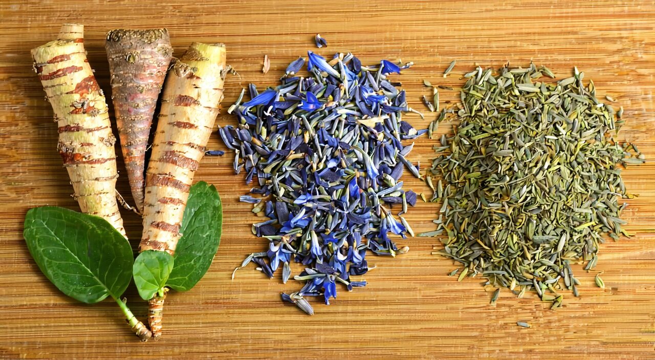 Comparison of gentian root, Qin Jiao, and Huang Lian medicinal materials