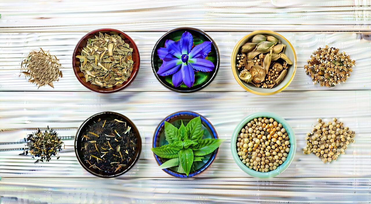 Assorted herbal ingredients of Long Dan Xie Gan Tang displayed