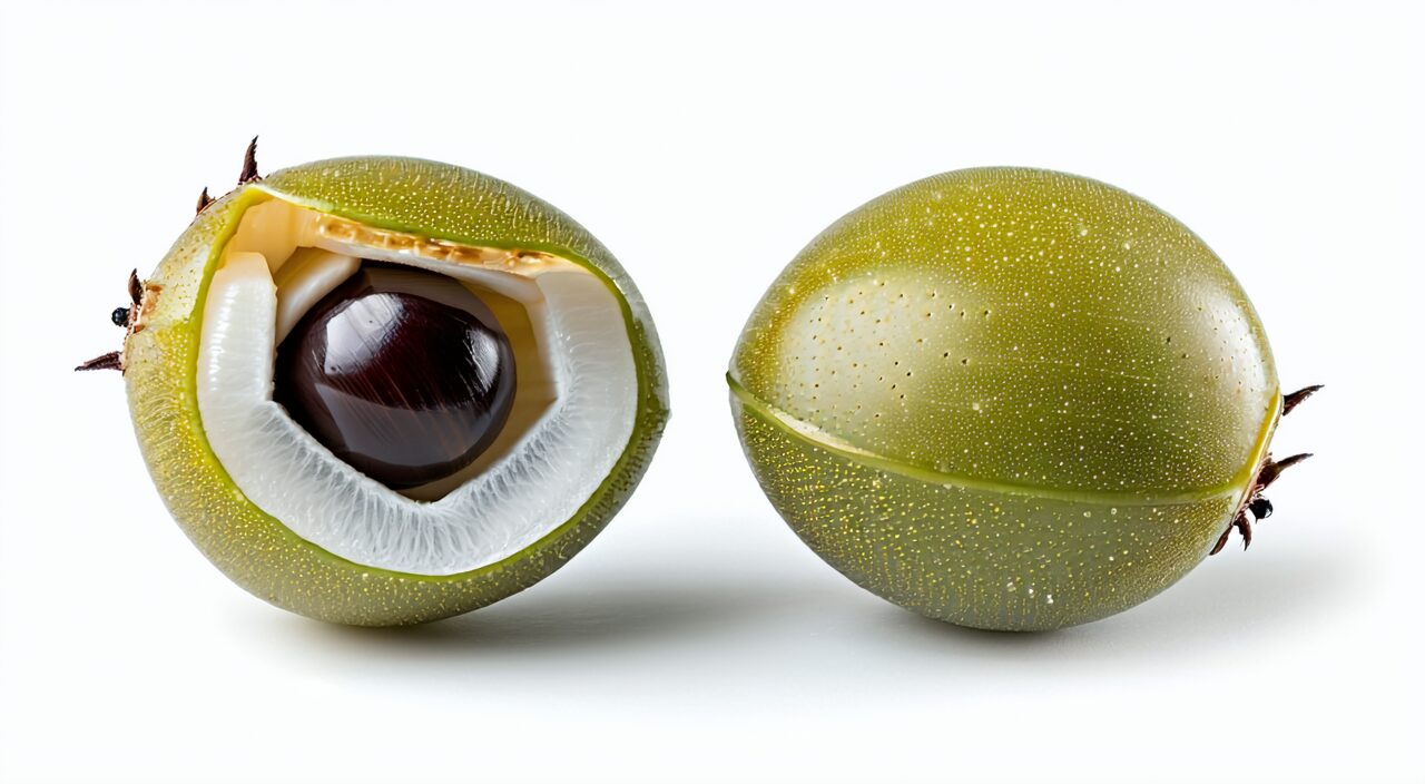 Cross-section of fresh longan fruit showing the white aril surrounding the seed