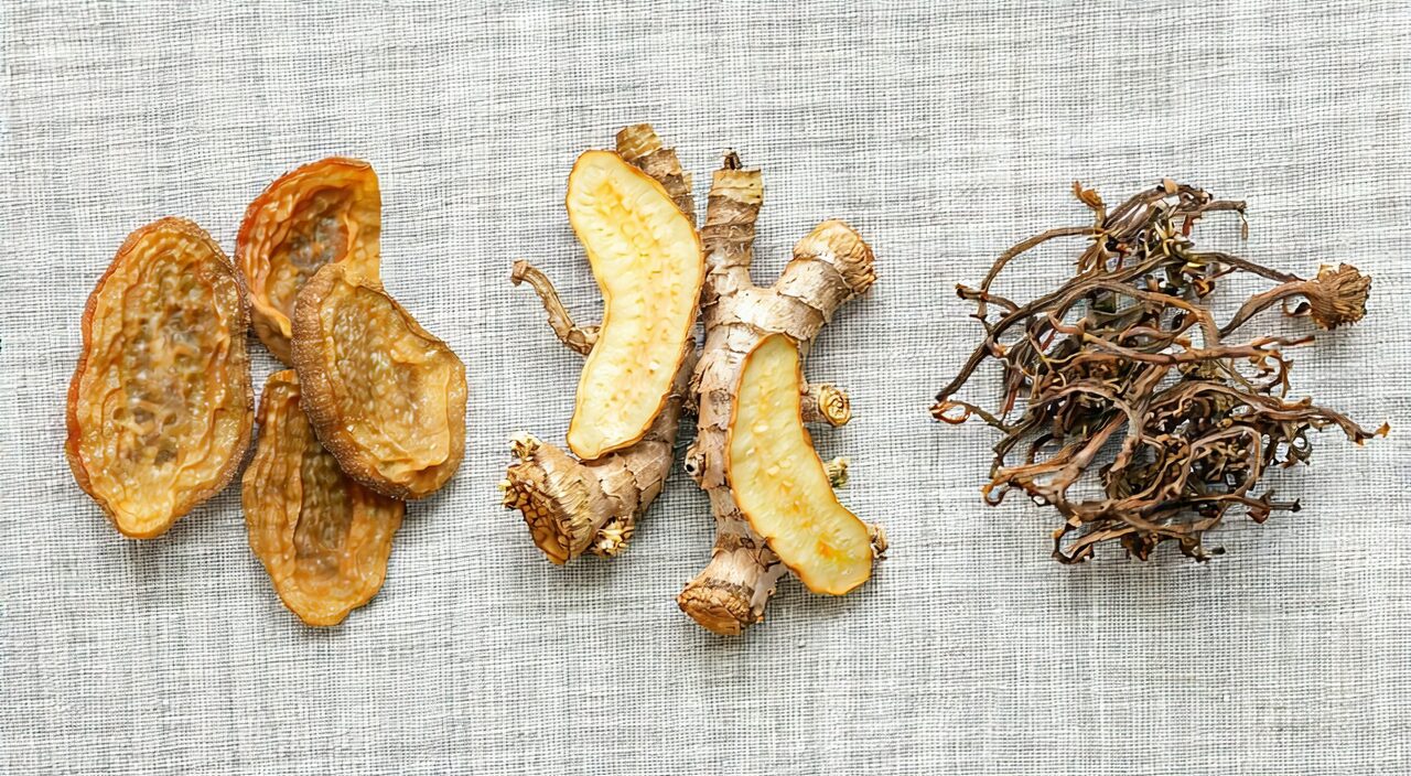 Flat lay of longan aril with commonly combined herbs such as ginseng, astragalus, and Chinese angelica