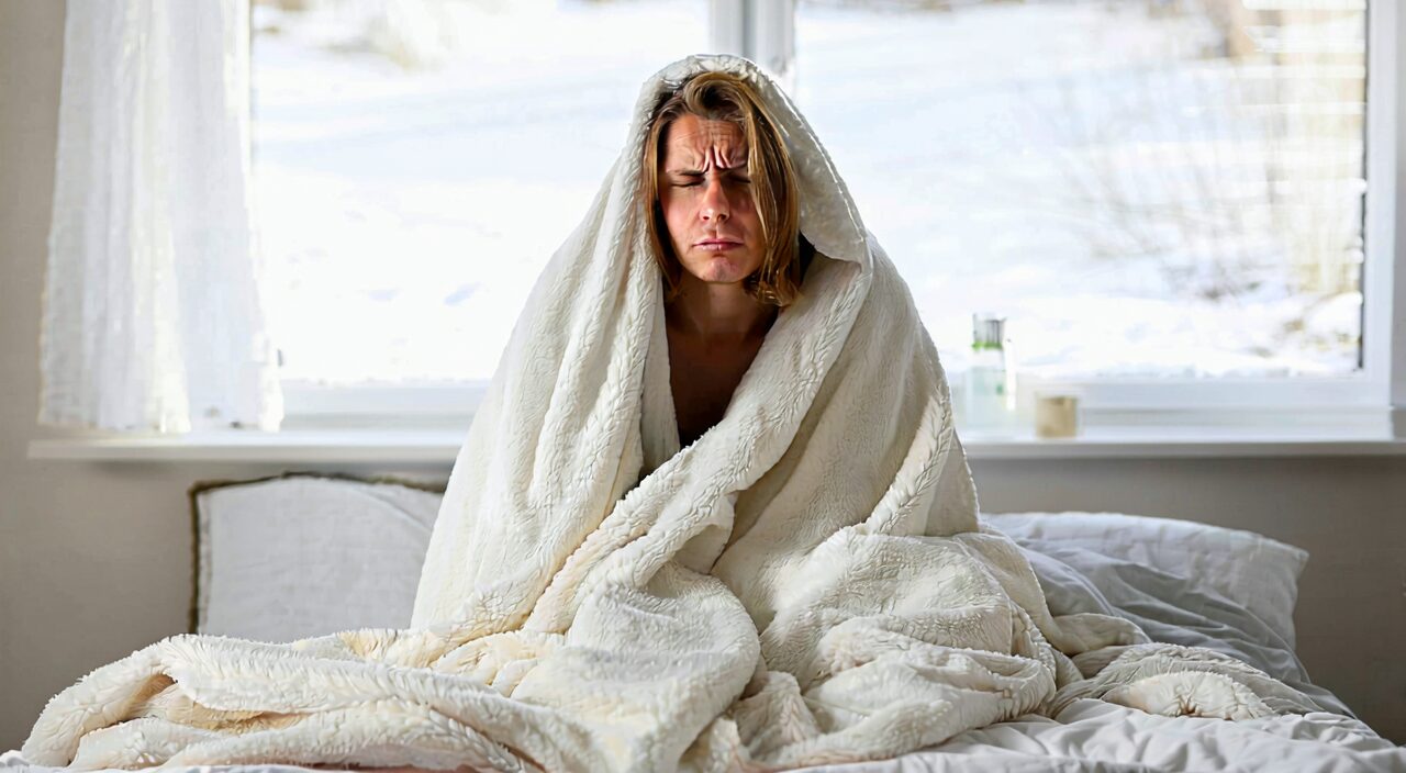 A person feeling chilled without sweating, still feeling cold even covered with a blanket