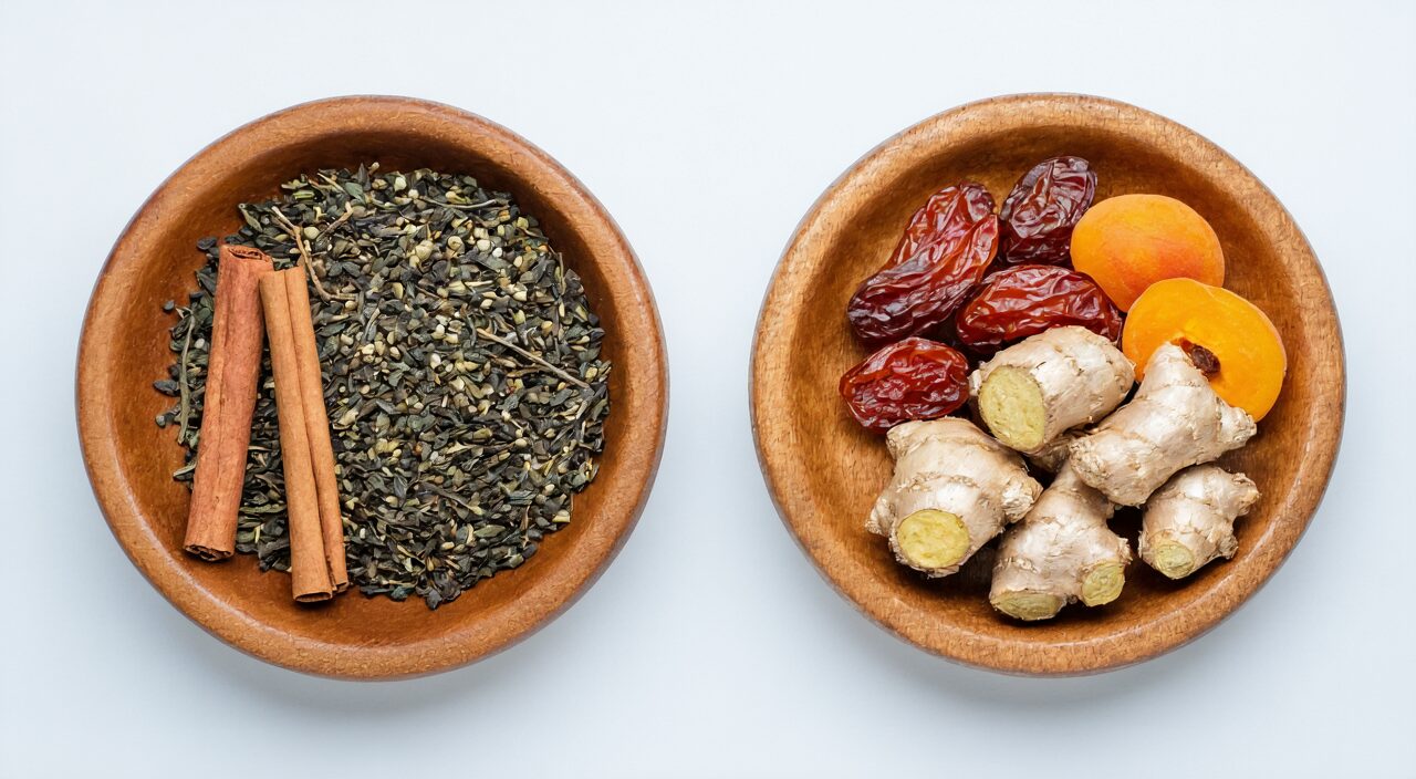 Two piles of Chinese herbal medicines with different formulas side by side, symbolizing formula differentiation