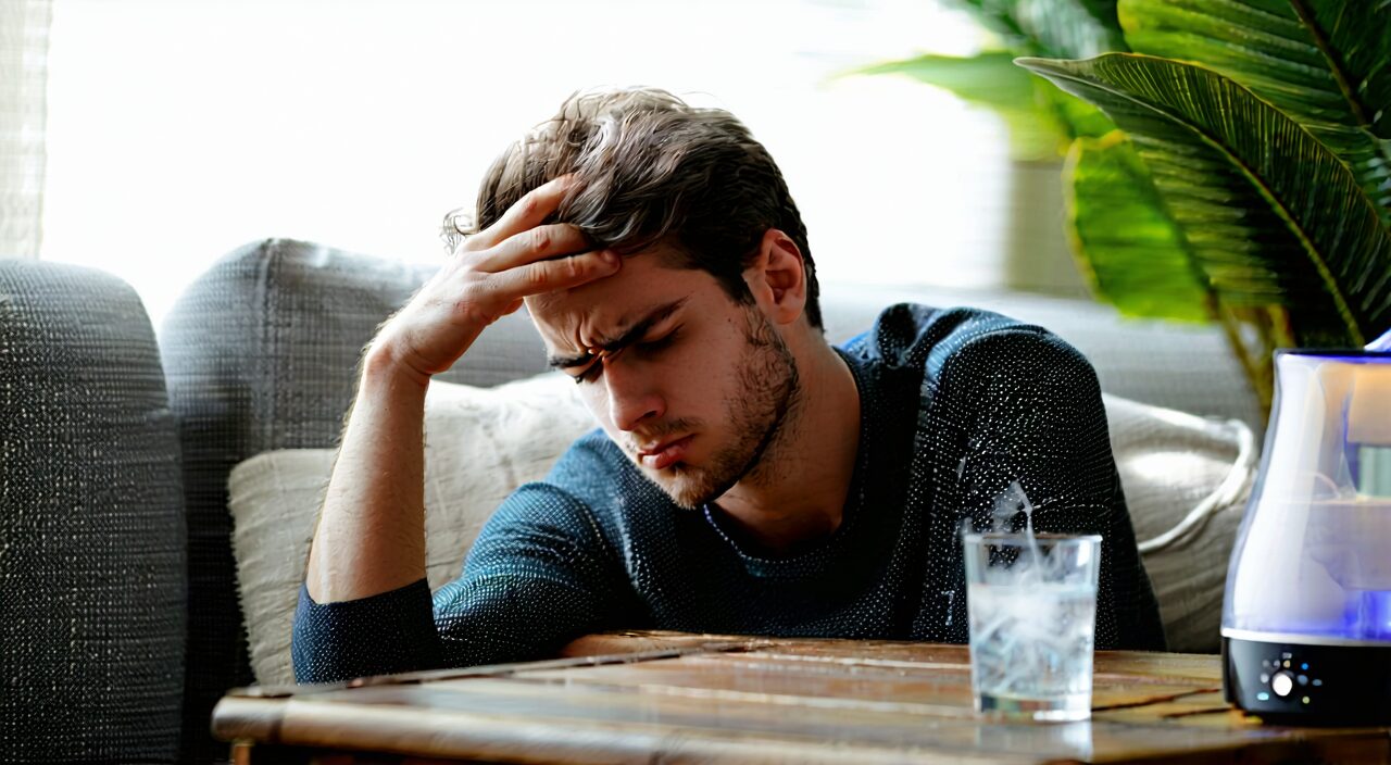 A young person leaning on a sofa, looking unwell with a hand on the forehead, a glass of water on the side table, and faint mist from a humidifier in the air, reflecting the physical state during lung heat cough and wheezing.