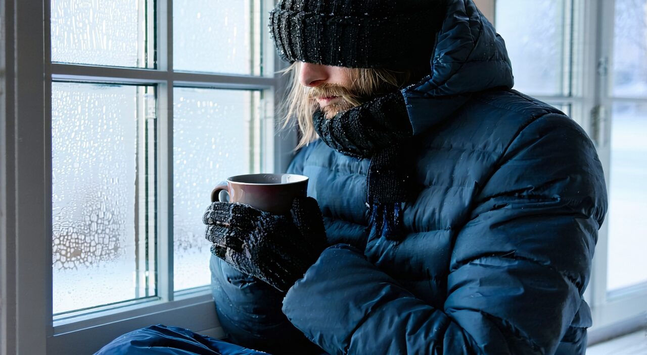 A person wearing thick clothes huddled by a window indoors, holding a hot water cup for warmth, with a look of aversion to cold and discomfort, visually representing the characteristics of cold-fluid cough and wheezing treated by Xiao Qing Long Tang.