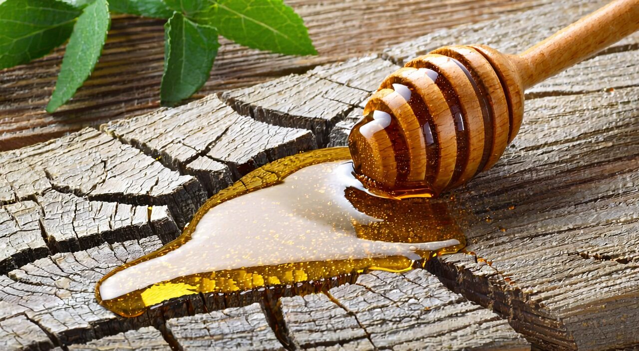 Conceptual illustration of moistening the intestines and promoting bowel movements in TCM, with honey moistening dry earth