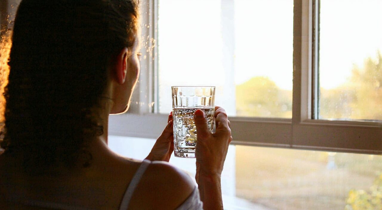 A person drinking water due to dry mouth, reflecting a common presentation in those with dry-intestinal constipation tendency