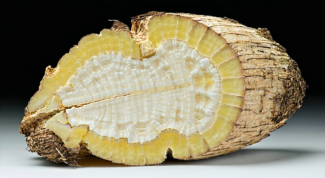 Close-up of cross-section of Mai Dong root tuber