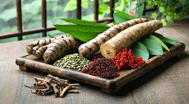 A professional photograph of common Maiwei Dihuang Pill herbs in natural light, serene and healthful