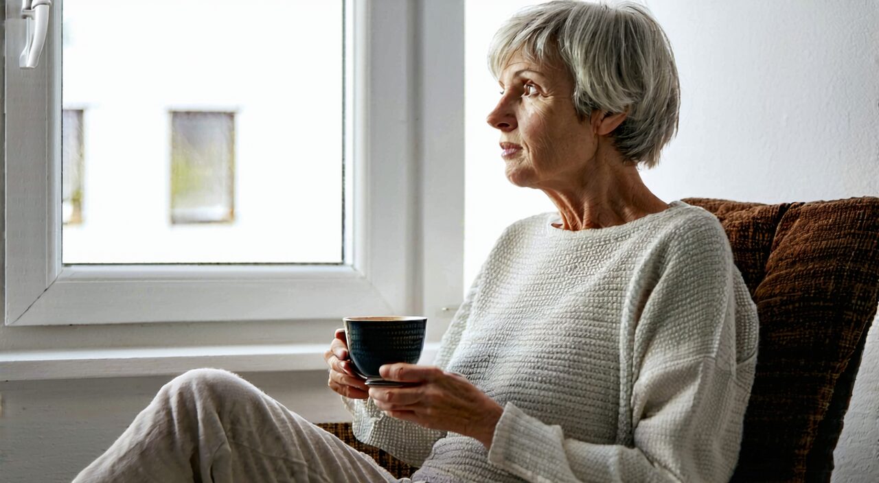 A middle-aged person sitting by a window holding a cup of water, depicting the daily state of dry throat and mouth