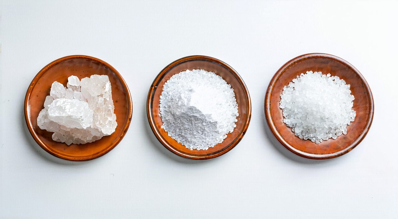 芒硝结晶、玄明粉粉末和食盐的对比