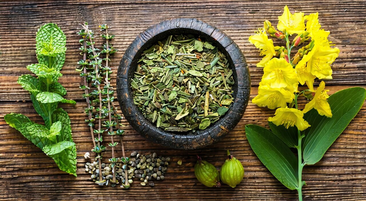 牛蒡子与薄荷、连翘等药材摆放于传统研钵旁的静物图。