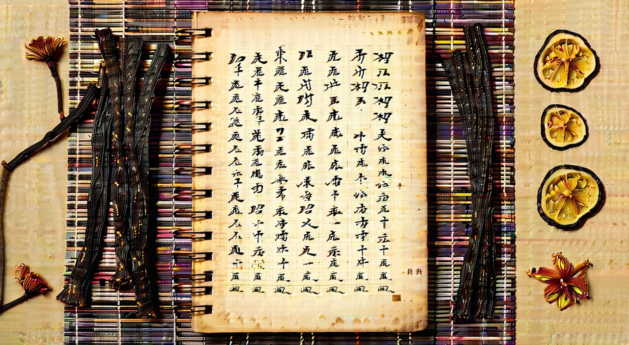 旧式药方笔记旁摆放牛蒡子、金银花、甘草等药材的俯视静物。