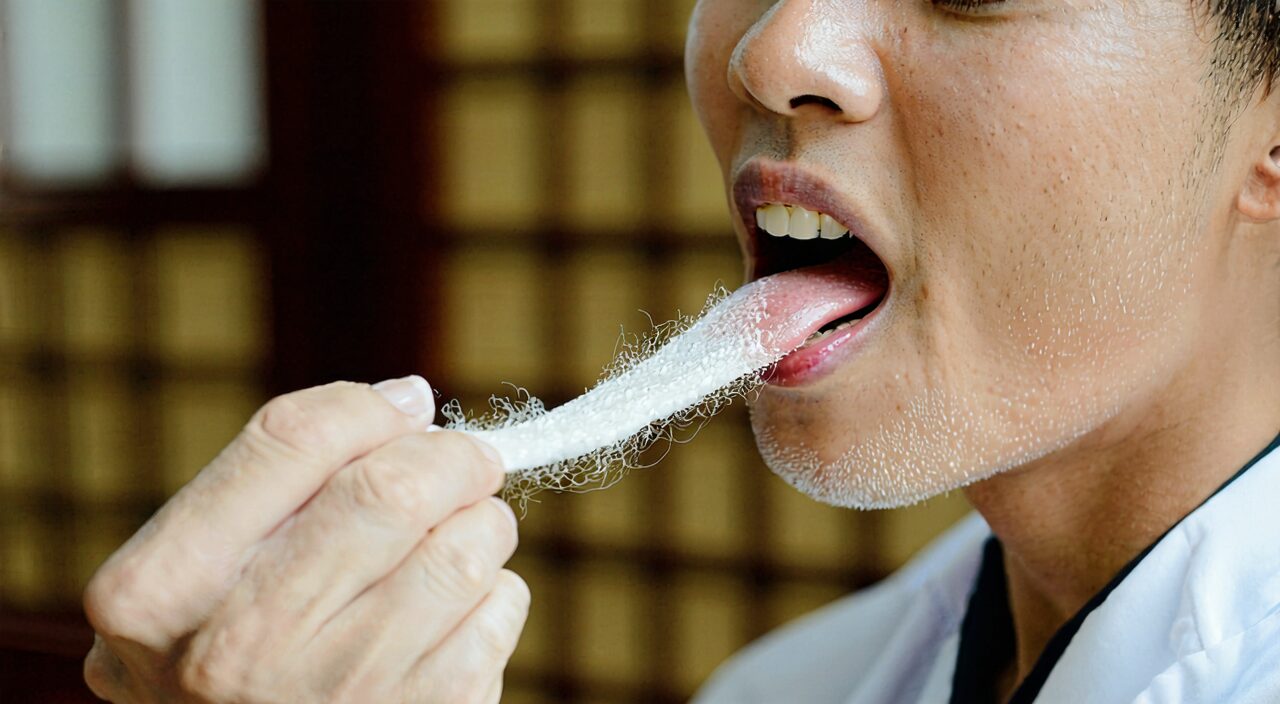 A Chinese medicine practitioner observing tongue coating, illustrating pattern differentiation of dampness stagnating the spleen and stomach