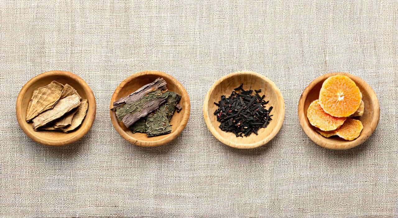Overhead still life of the main herbs in Ping Wei San: Cang Zhu, Hou Po, Chen Pi, and Gan Cao