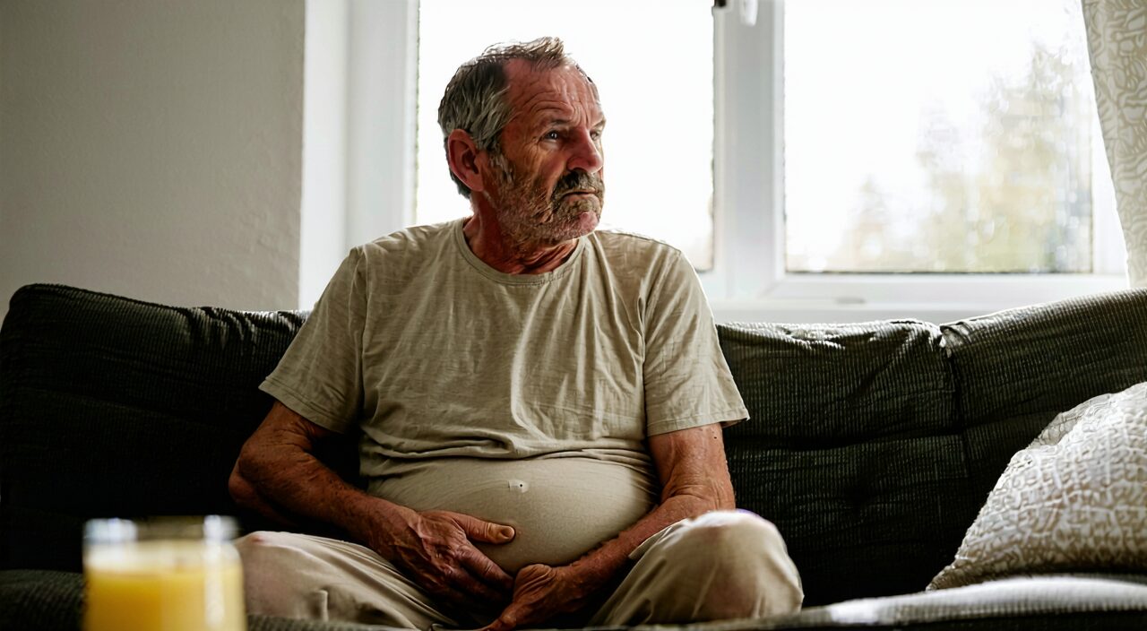 A daily life scene of slight abdominal distension and discomfort after meals, hinting at possible manifestations of dampness stagnating the spleen and stomach