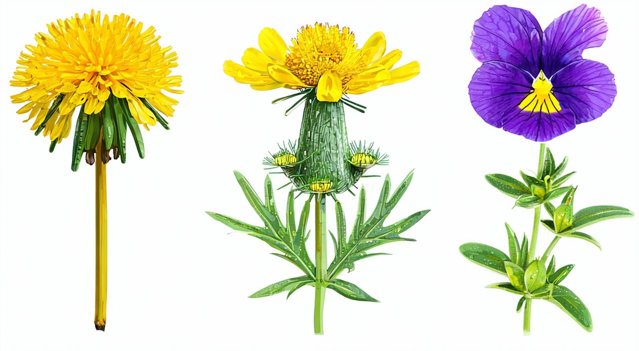 蒲公英、苦苣菜和紫花地丁的叶与花对比图