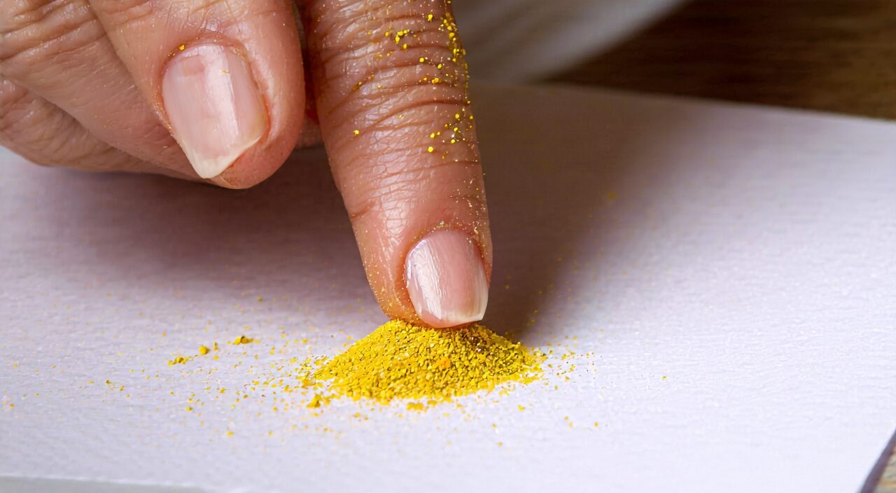 Close-up of bright yellow Pollen Typhae powder gently rubbed between fingers on white paper