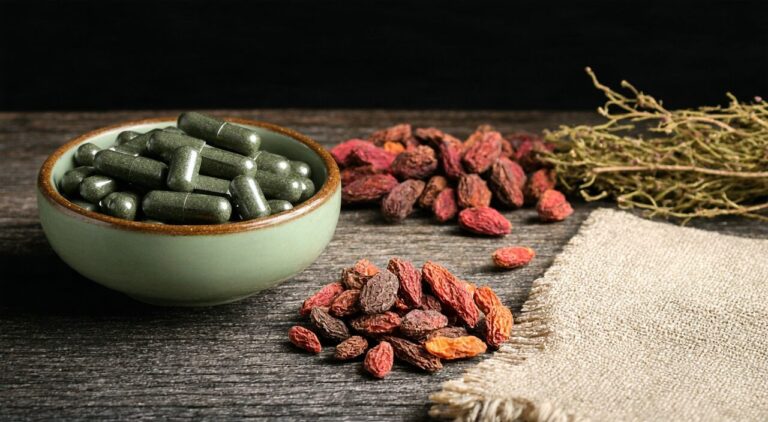 Black Chinese medicine pills in a celadon bowl with herbs like fleeceflower root and goji berries, professional photo under soft natural light