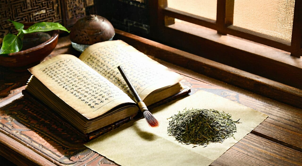 An old medical book and a writing brush, with a few scattered herbs nearby, conveying the atmosphere of traditional formula conception.