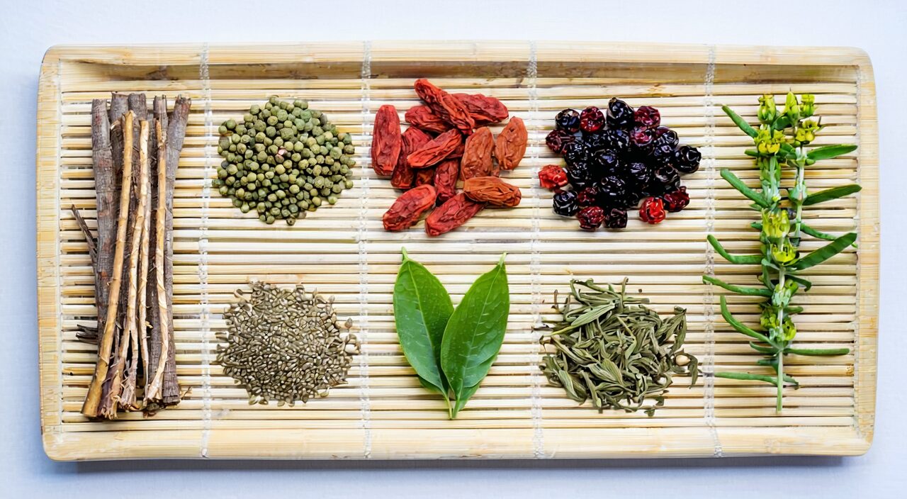 A top-down close-up of seven medicinal ingredients on a bamboo tray, clearly showing He Shou Wu, Gou Qi Zi, Tu Si Zi, and others under natural light.