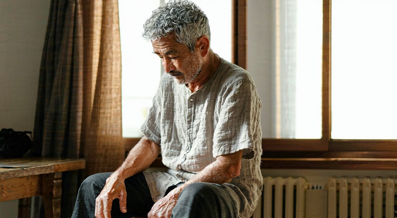 A middle-aged man with graying hair lightly supporting his lower back, showing the daily state of premature graying and lower back and knee soreness.