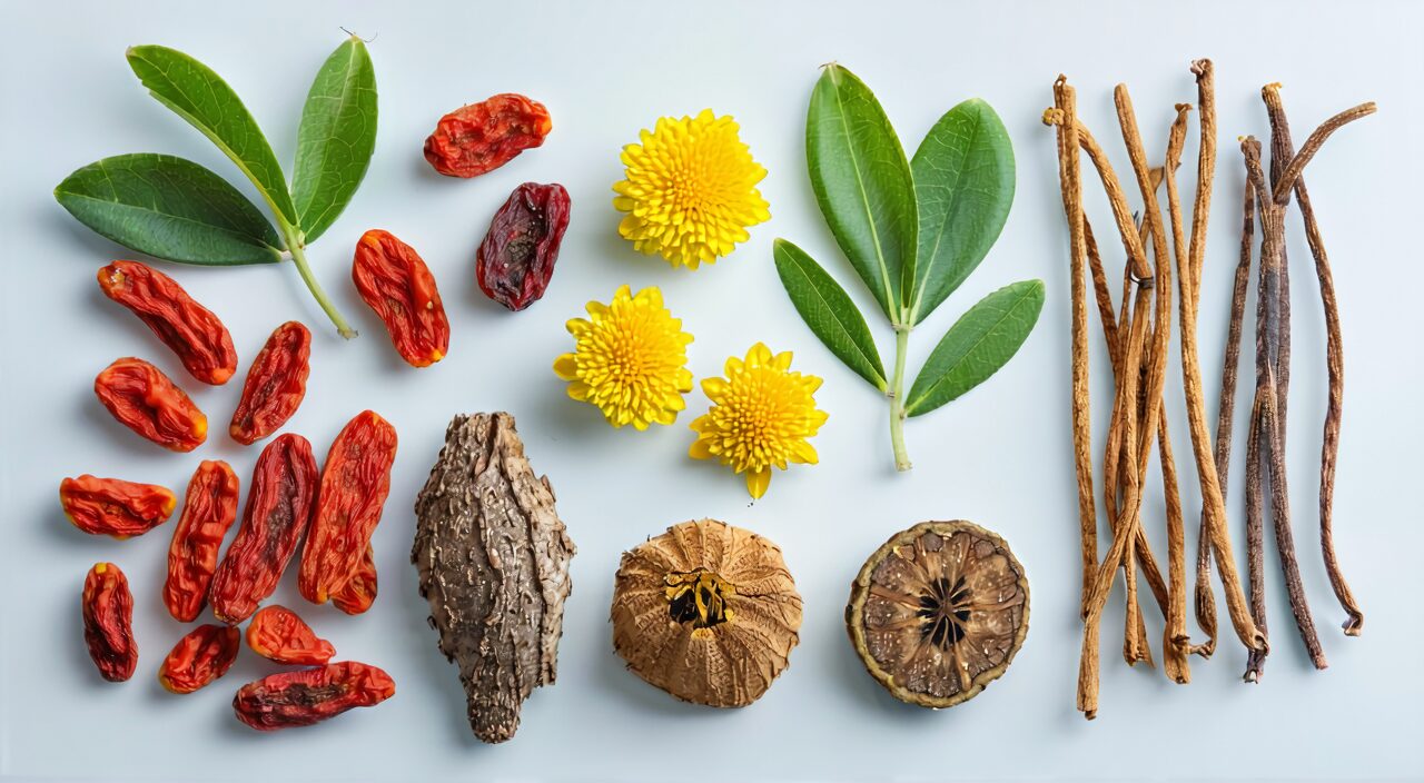 Overhead shot of goji berries, chrysanthemum, rehmannia and other ingredients of Qi Ju Di Huang Wan