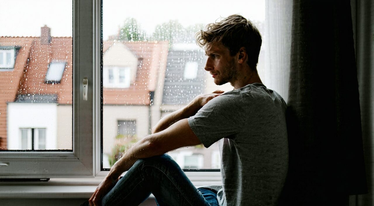 Indoor scene on a rainy day, a person touching their shoulder and neck to suggest discomfort