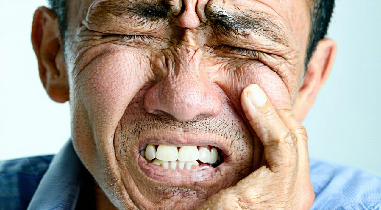 Close-up of a man with hand on cheek showing gum discomfort