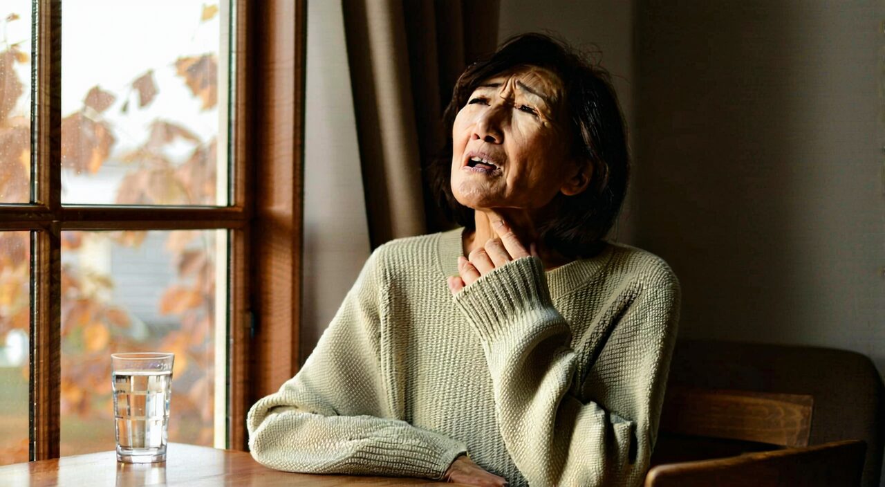 A woman feeling dry throat and thirst in dry autumn, illustrating possible manifestations of warm-dryness damaging the lung.