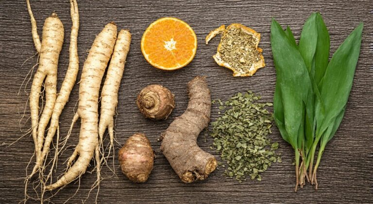 A flat lay display of traditional Chinese medicinal ingredients, including ginseng, atractylodes, poria, and tangerine peel