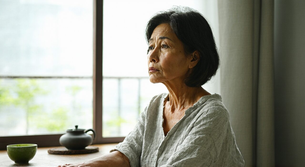 A woman sitting by the window, hand gently pressing the abdomen, pale complexion indicating spleen deficiency