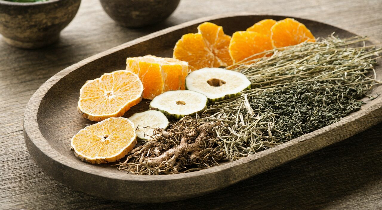 Ginseng, Atractylodes, Poria, Chinese Yam, and Tangerine Peel scattered on a wooden tray