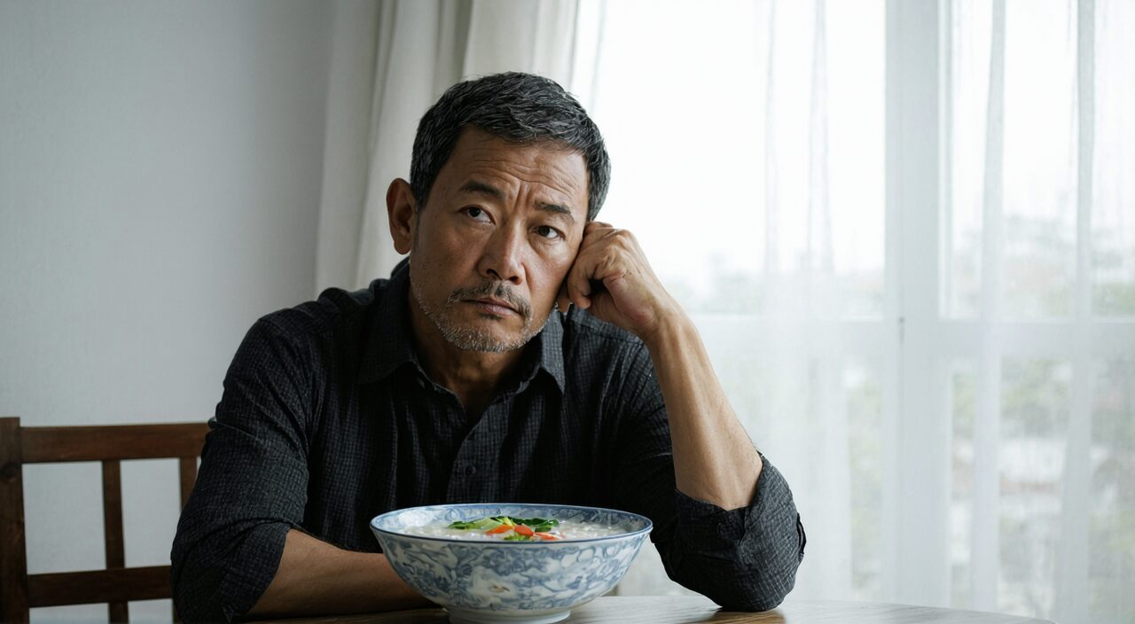 A man sitting at the dining table, lacking interest in food, hand touching the stomach, showing reduced appetite