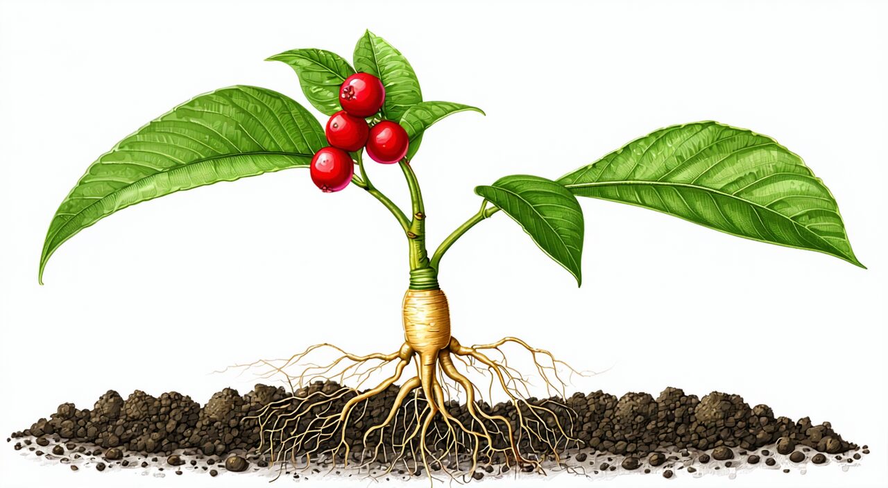 Hand-drawn style illustration of a complete ginseng plant and root, showing leaves, berries and root