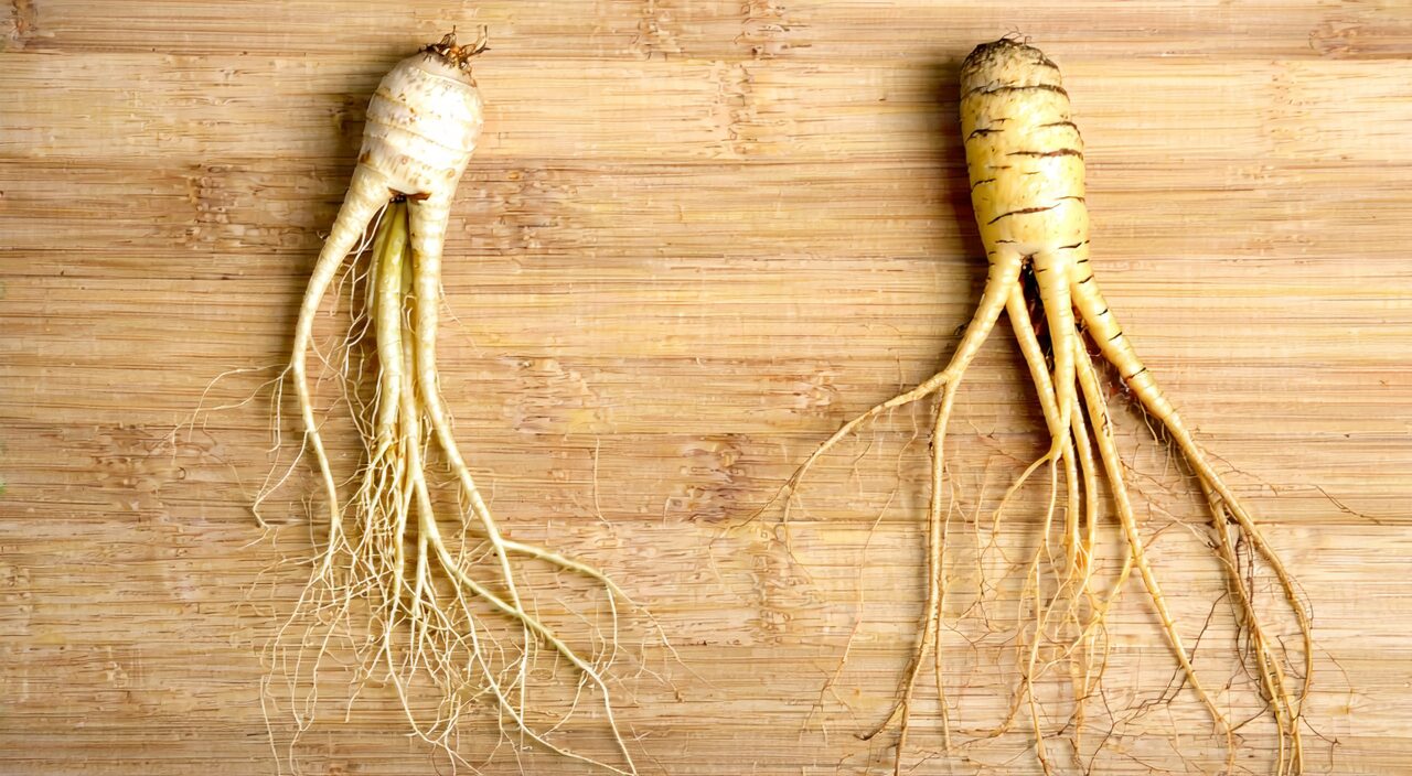 Side-by-side comparison of sun-dried ginseng and red ginseng, showing processing differences