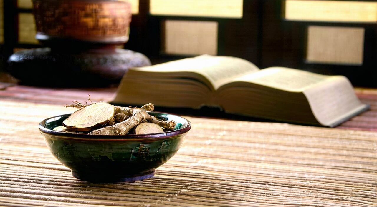 Ginseng slices and pulse-diagnosis tools on a TCM clinic table, warm lighting
