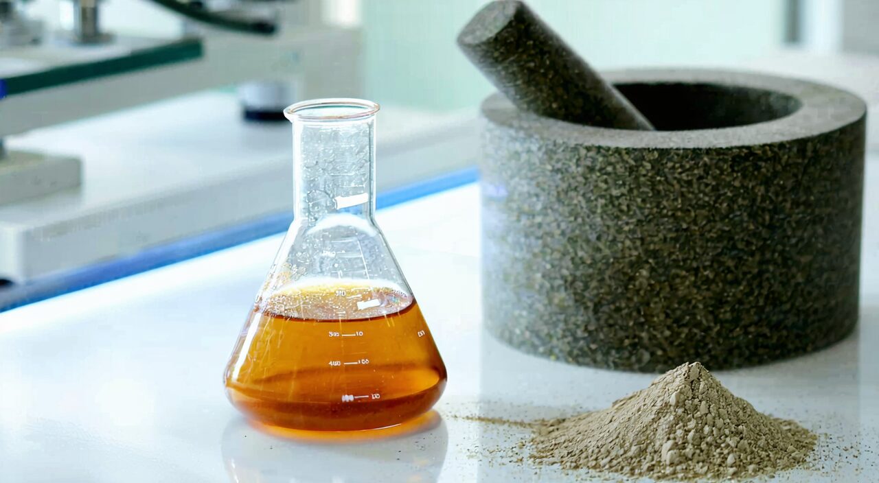 Ginseng extract and powder in a laboratory setting, scientific ambiance